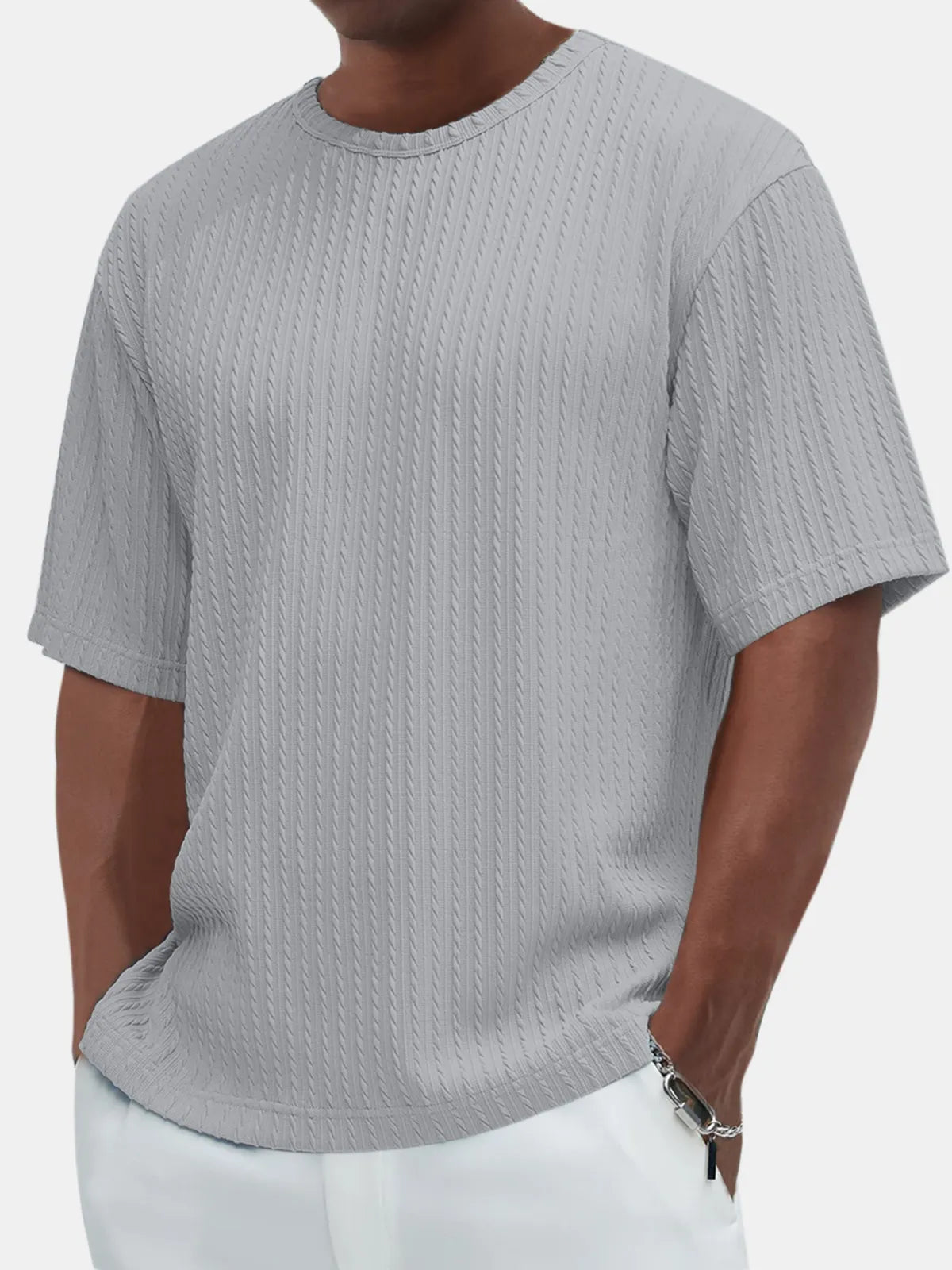 Men's Casual Solid Color Comfortable Daily Jacquard Texture Short-sleeved T-shirt