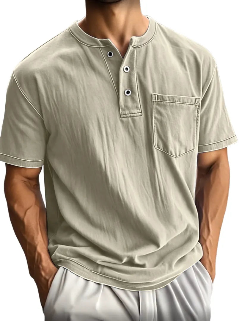 Men's Washed And Distressed Cotton Vintage Henley Collar Short-sleeved T-shirt