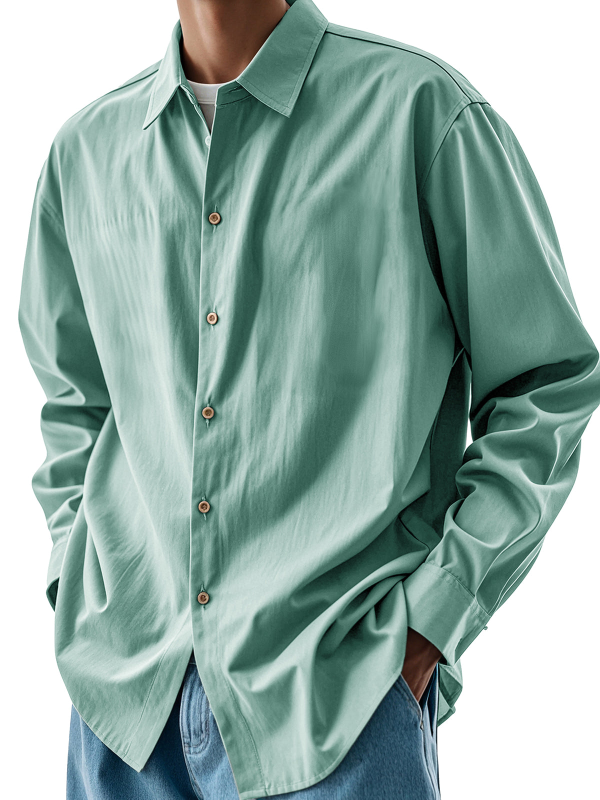 Men's Fashion Retro Pleated Fabric Lapel Long-sleeved Shirt