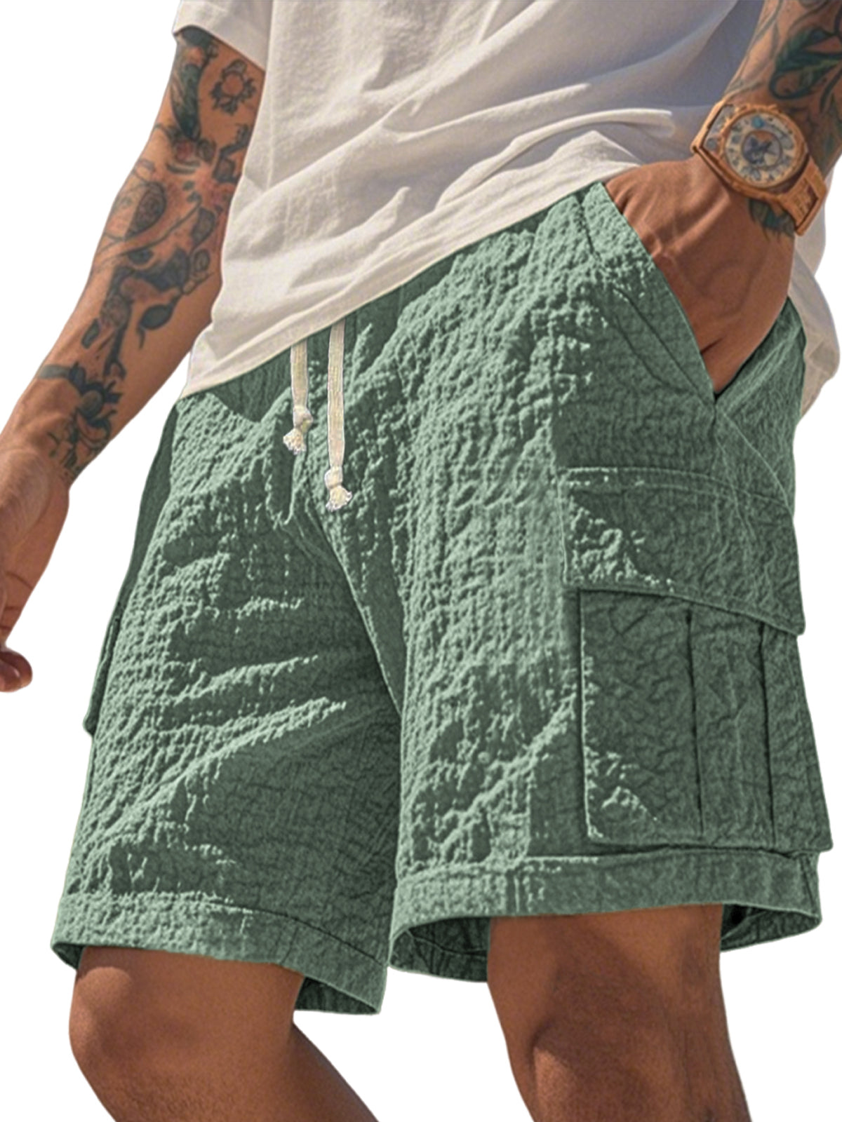 Men's Comfortable Seersucker Pleated Multi-Pocket Cargo Shorts Textured Casual Loose Casual Shorts