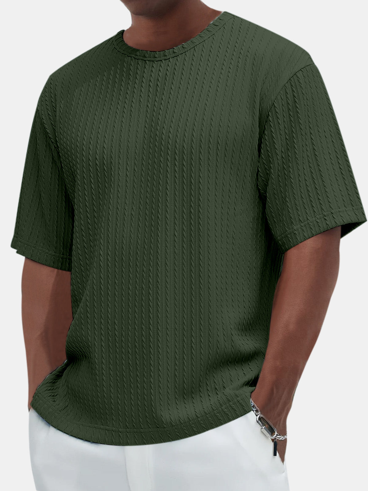 Men's Casual Solid Color Comfortable Daily Jacquard Texture Short-sleeved T-shirt