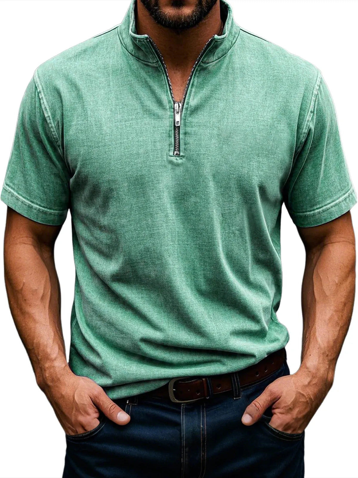 Men's Retro Stand Collar Zipper Casual Solid Color Short Sleeve T-Shirt