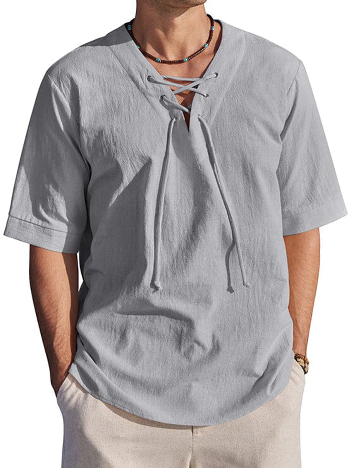 Men's Holiday Tie-Drape Hollow Neck Linen Casual Short Sleeve T-Shirt