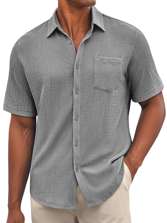 Men's Daily Bubble Wrinkle Casual Pocket Solid Color Short Sleeve Shirt