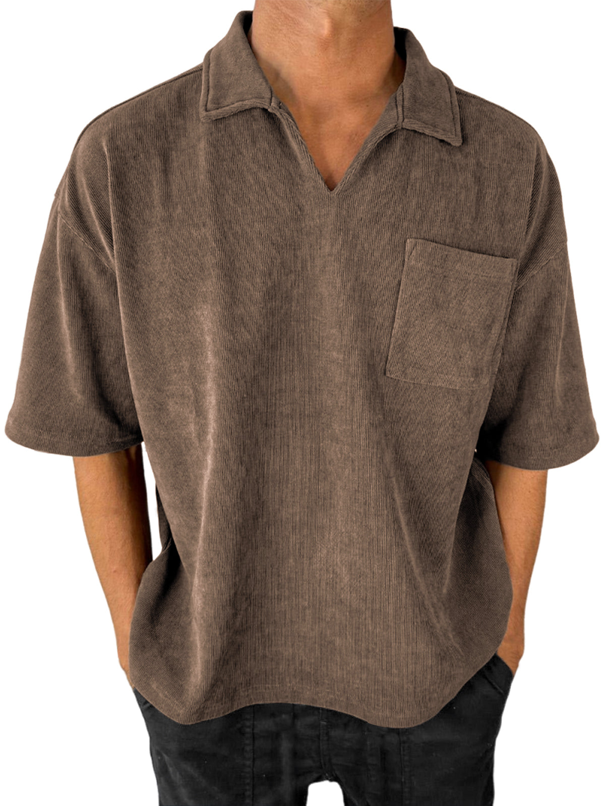 Men's Stylish V-Neck Ribbed Corduroy Casual POLO Shirt With Chest Pocket
