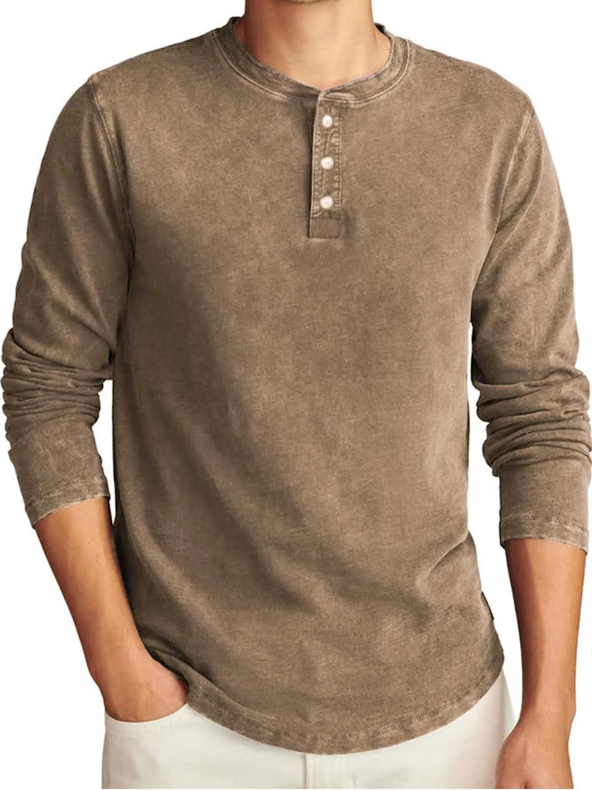 Men's Vintage Distressed Long Sleeve Casual T-Shirt Henley Shirt