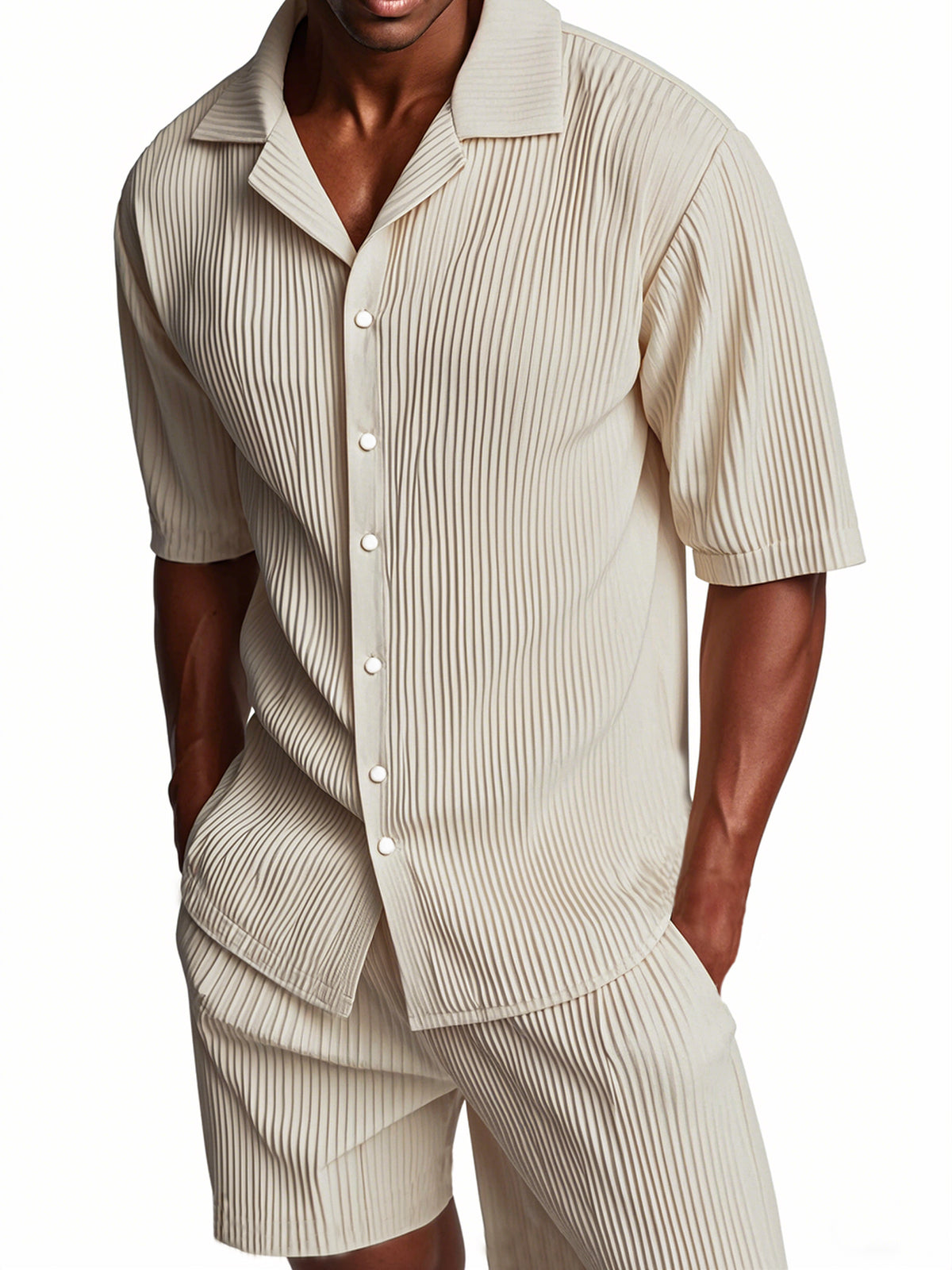 Men's Pleated Texture Suit Cuban Collar Casual Striped Fabric Short Sleeve Shirt Shorts Casual Two-piece Suit