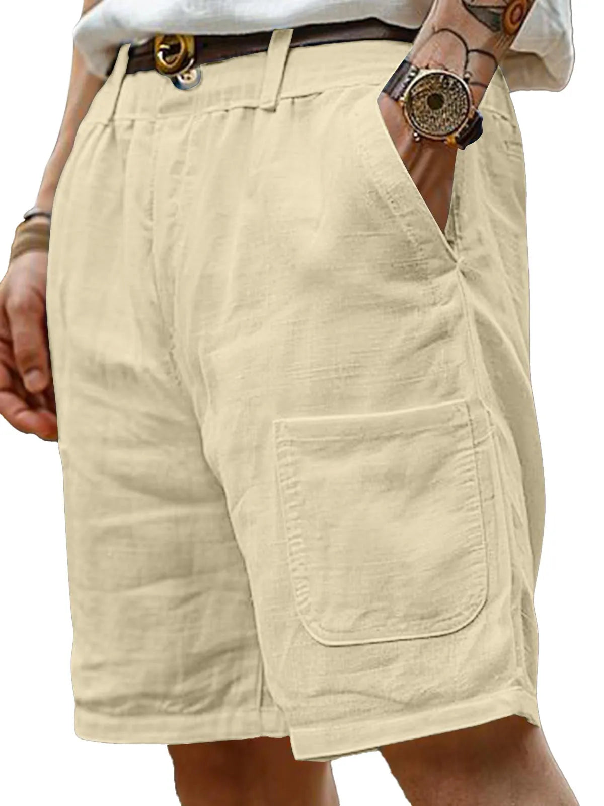 Men's Summer Loose And Comfortable Cotton And Linen Pocket Beach Shorts
