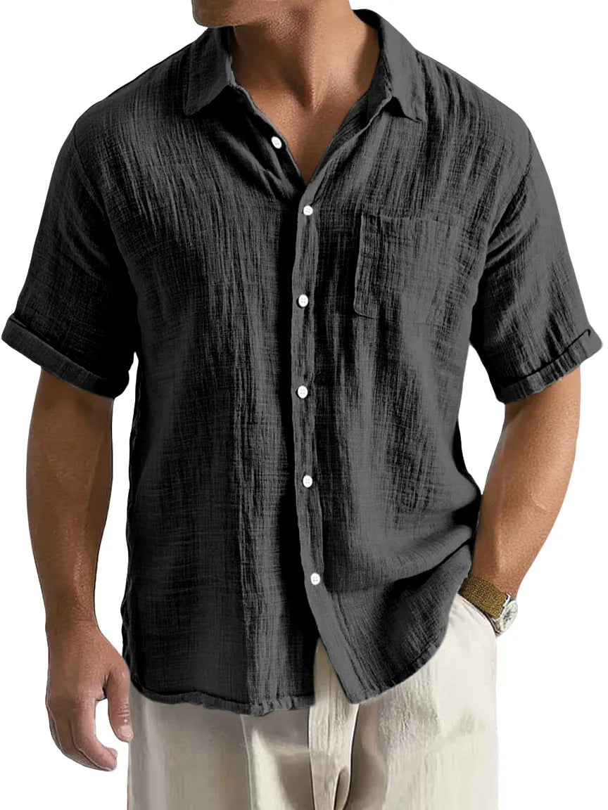 Men's Daily Casual Loose And Comfortable Imitation Linen Lapel Short-sleeved Button-down Shirt
