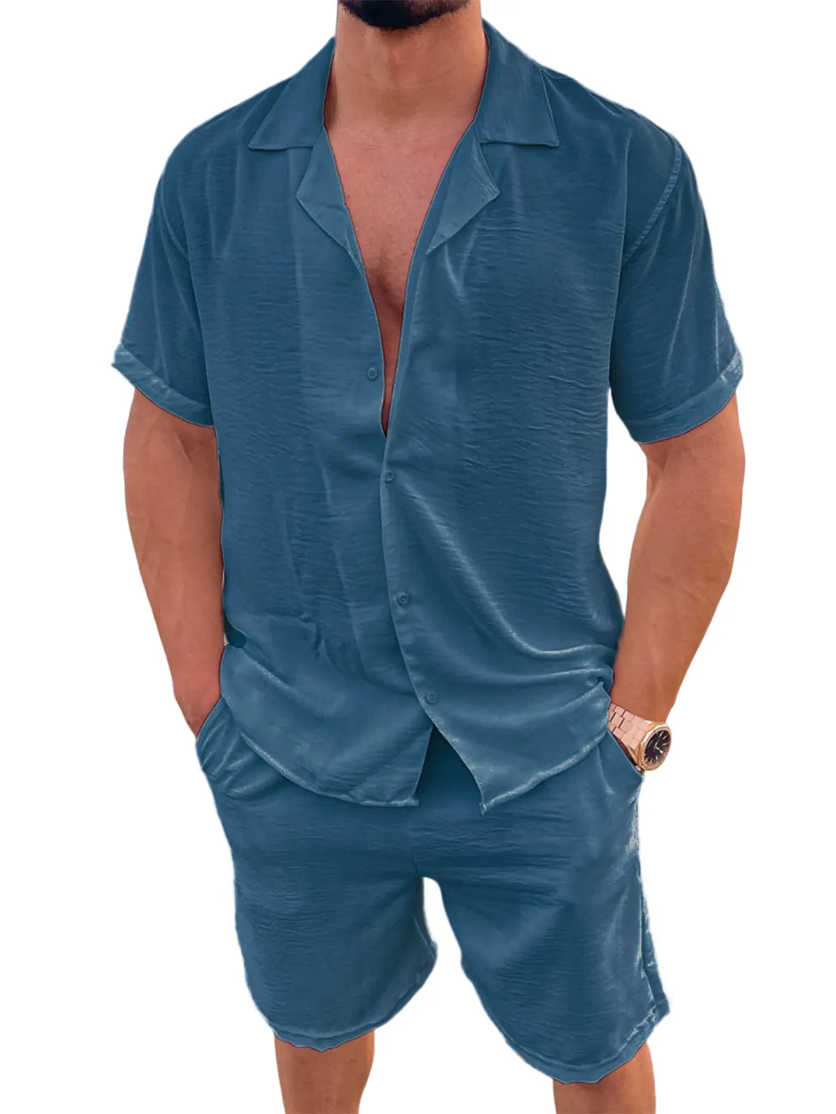 Men's Linen Camp Set Vacation Leisure Short Sleeve and Shorts Two-piece Suit
