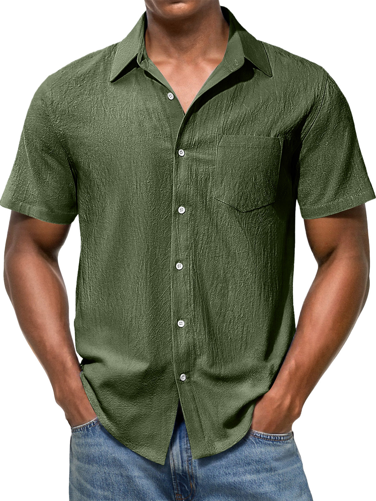 Men's Casual Texture Lapel Pocket Solid Color Comfortable Short Sleeve Shirt