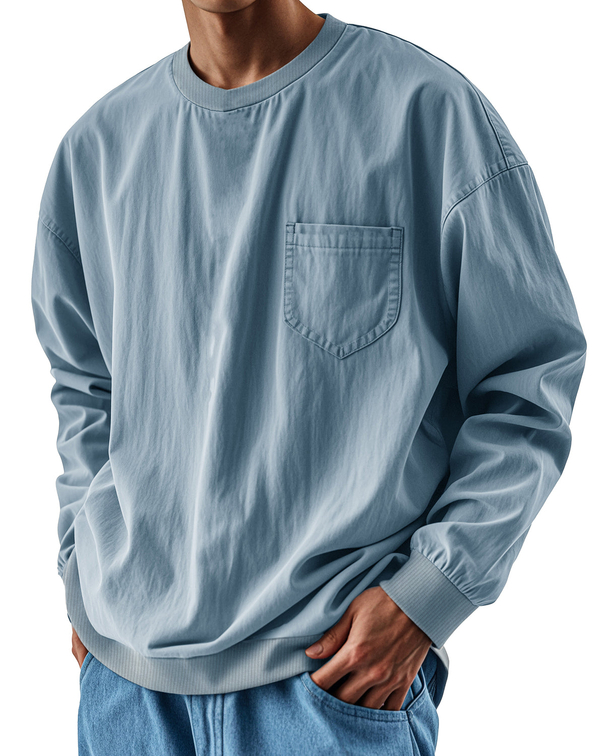 Men's Fashionable Round Neck Casual Pocket Long Sleeve Top