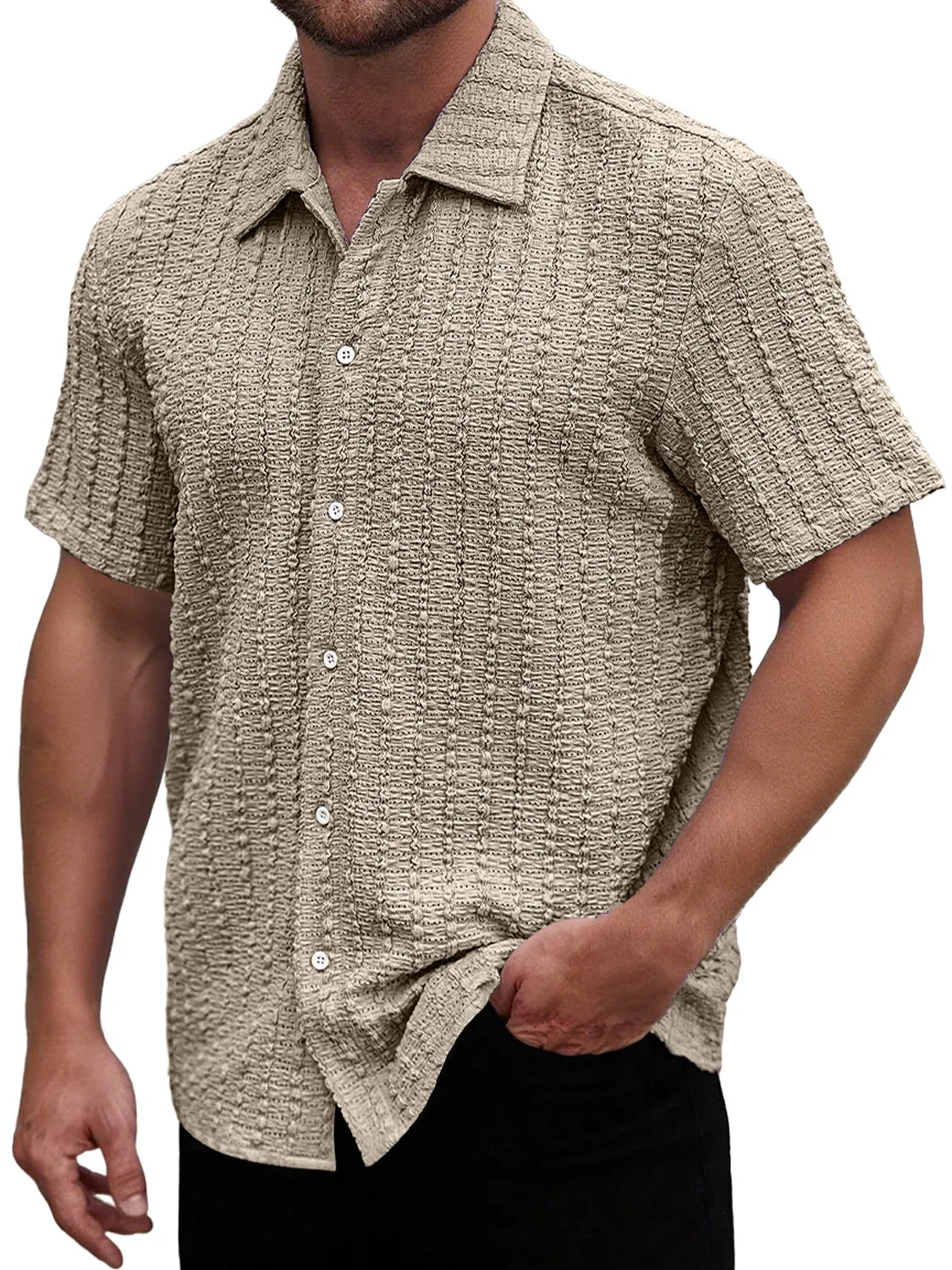Men's Casual Textured Lapel Solid Color Short-sleeved Shirt