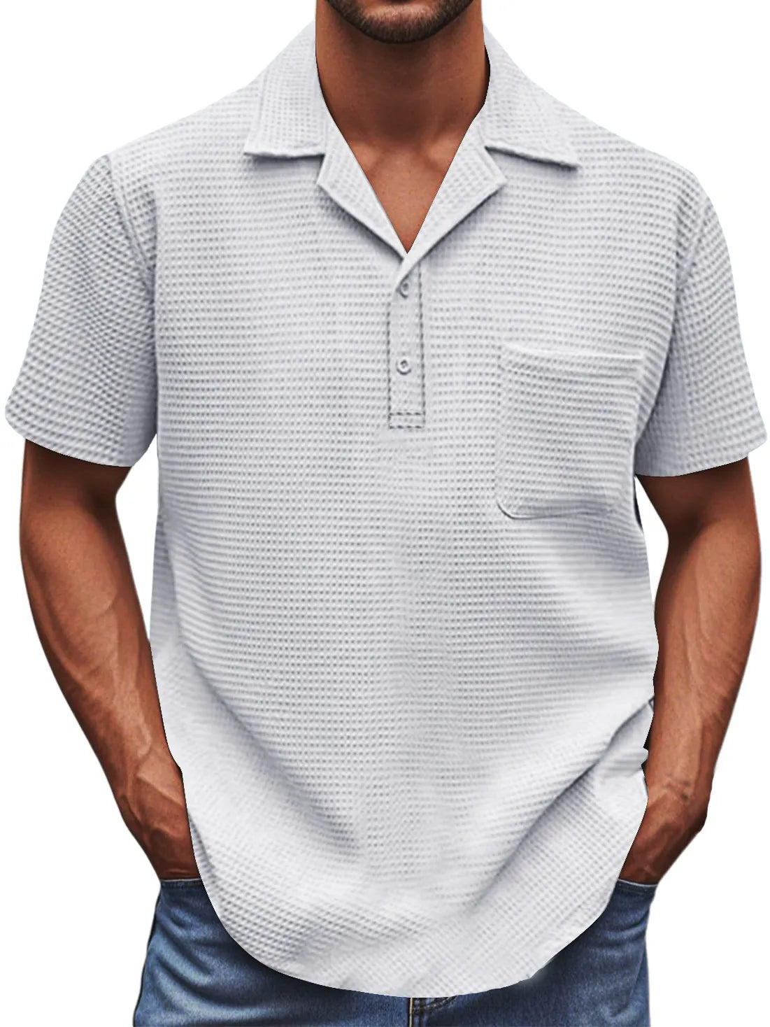 Men's Waffle Fabric Basic Pocket Short-sleeved Polo