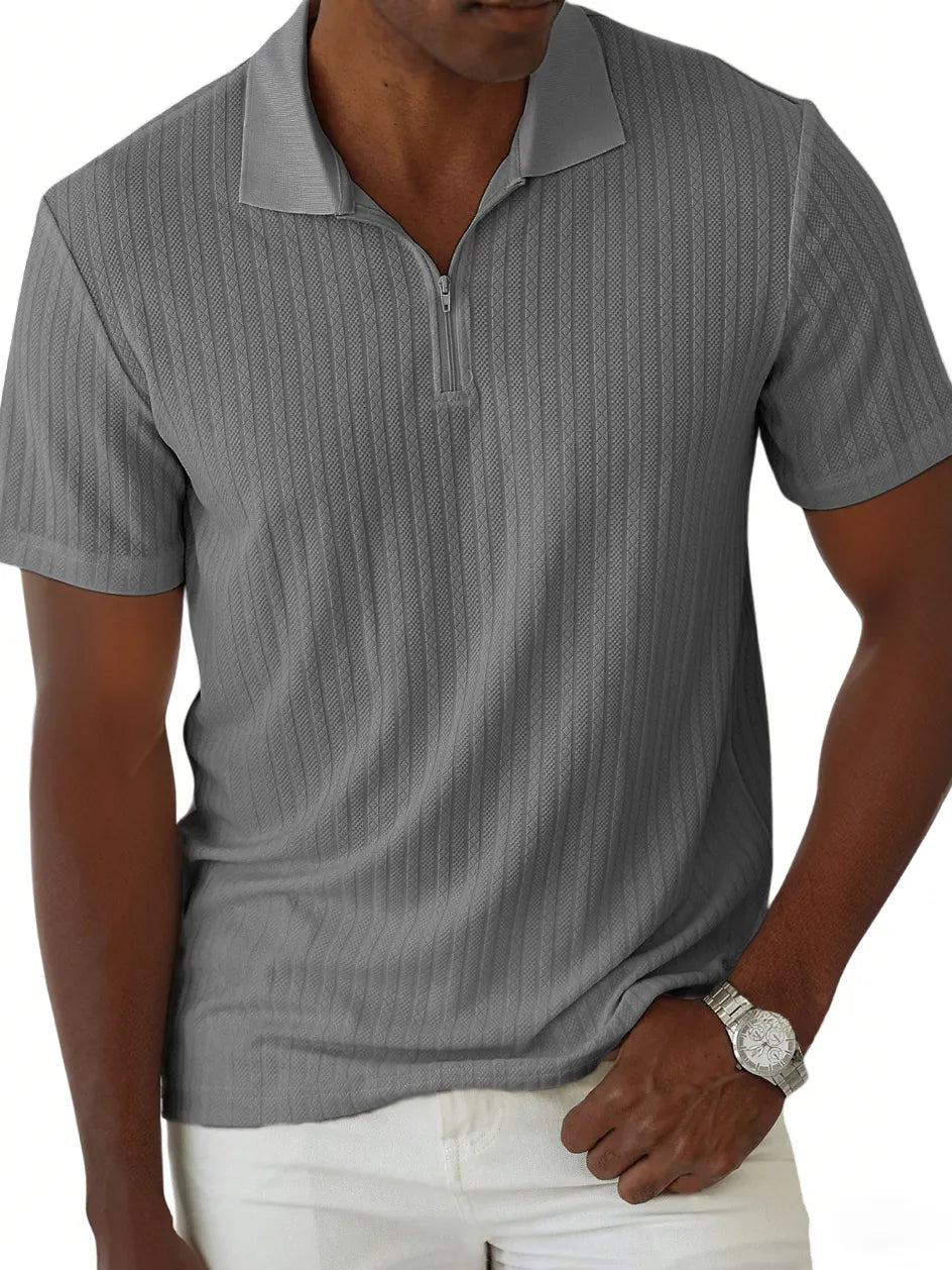 Men's Jacquard Casual Quarter Zip Lapel Short Sleeve Polo Shirt