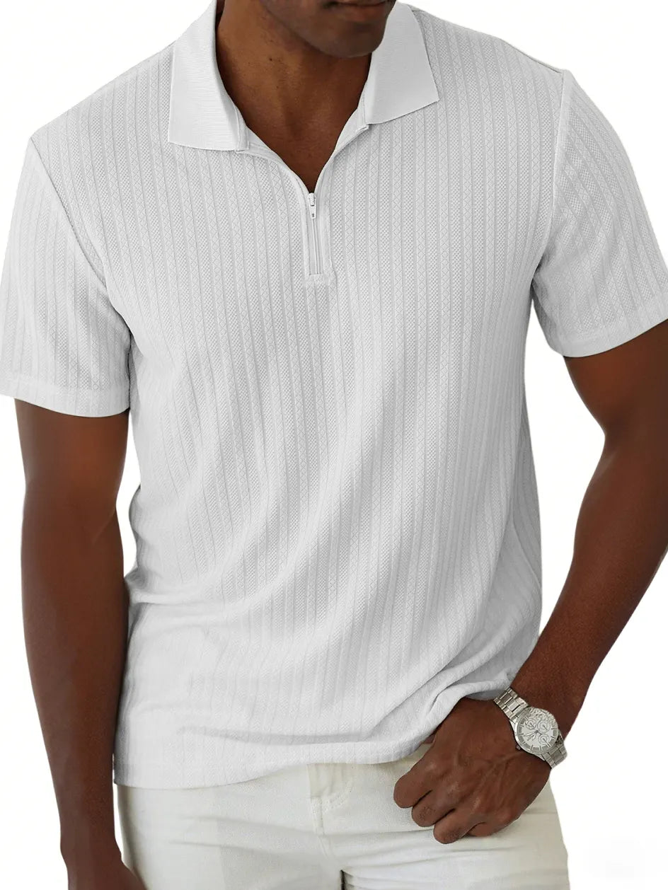 Men's Jacquard Casual Quarter Zip Lapel Short Sleeve Polo Shirt