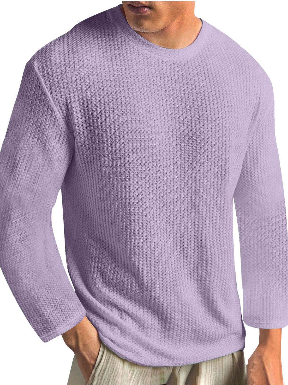 Men's Knitted Waffle Fabric Solid Color Basic Casual Base Outer Wear Long-sleeved T-shirt