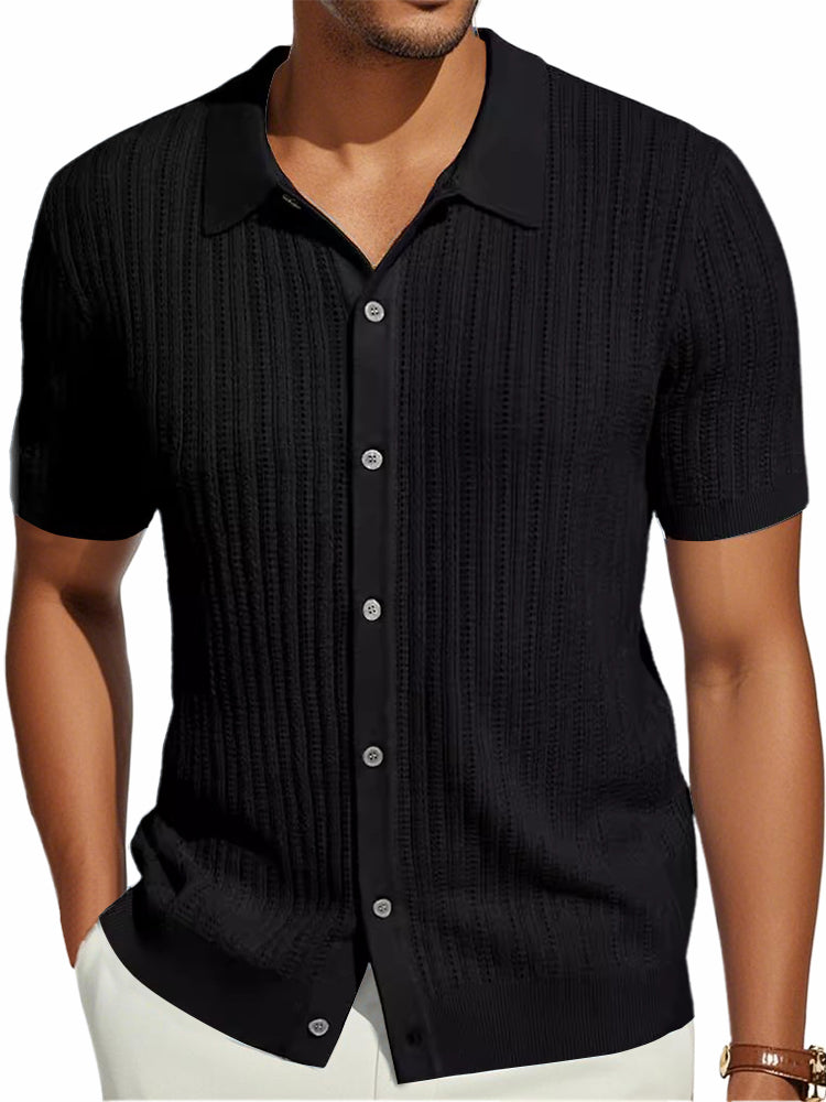 Men's Knitted Retro Fashion Striped Stretch Casual Short-sleeved Shirt