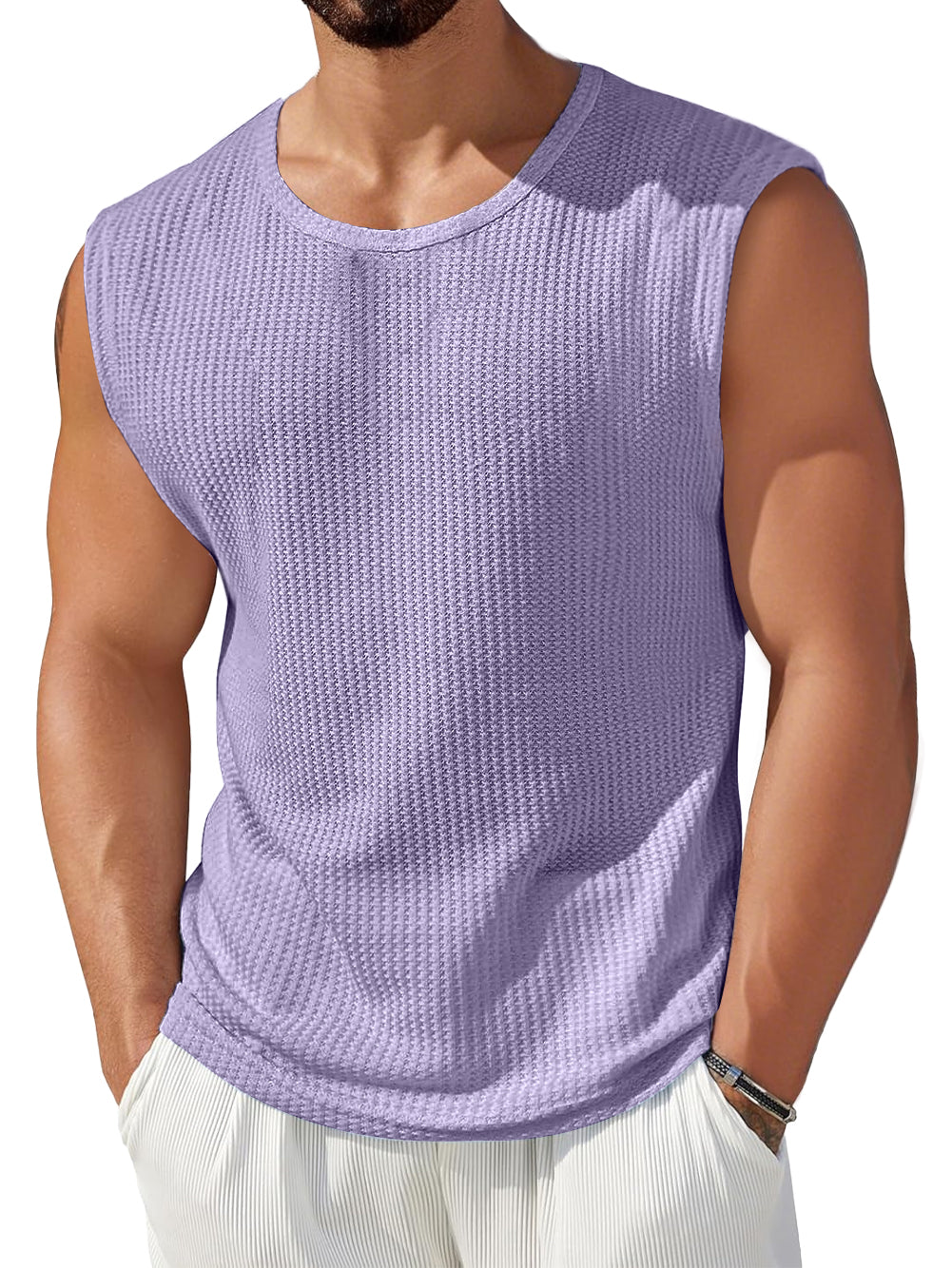 Men's Daily Waffle Round Neck Casual Solid Color Sleeveless Vest