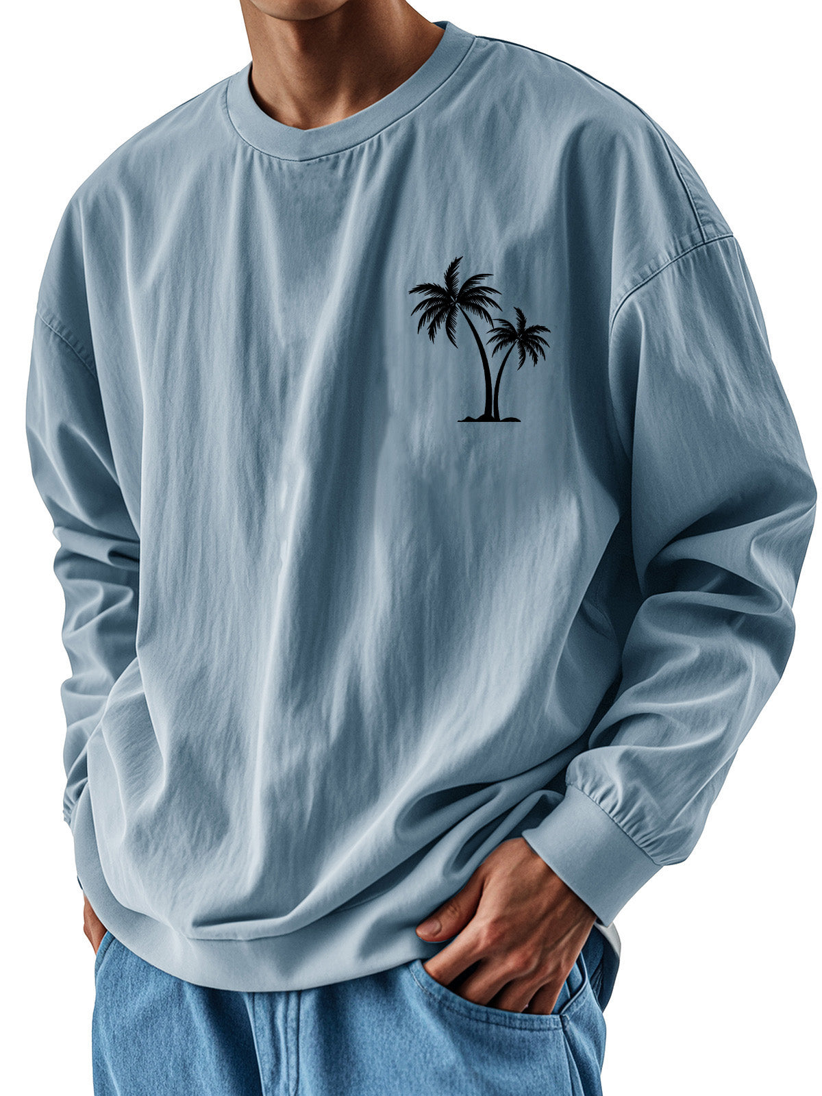 Men's Fashion Casual Round Neck Coconut Tree Print Long Sleeve T-shirt