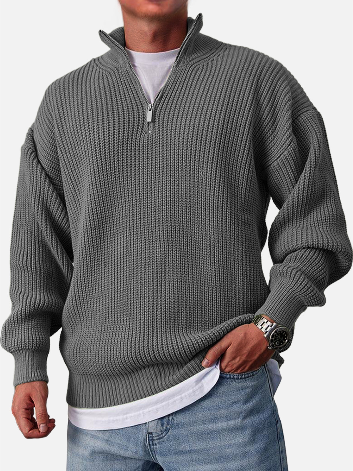 Men's Casual Fashion Loose Zipper Stand Collar Solid Color Sweater