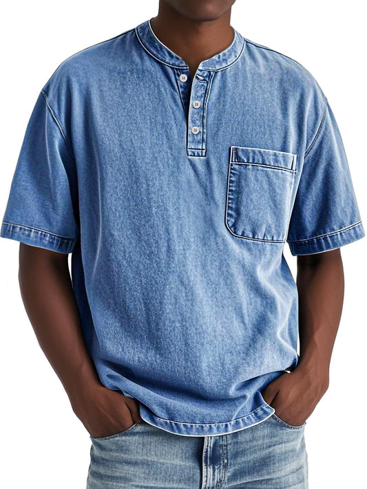 Men's Vintage Distressed Stand Collar Pocket Casual Short Sleeve Henley Shirt