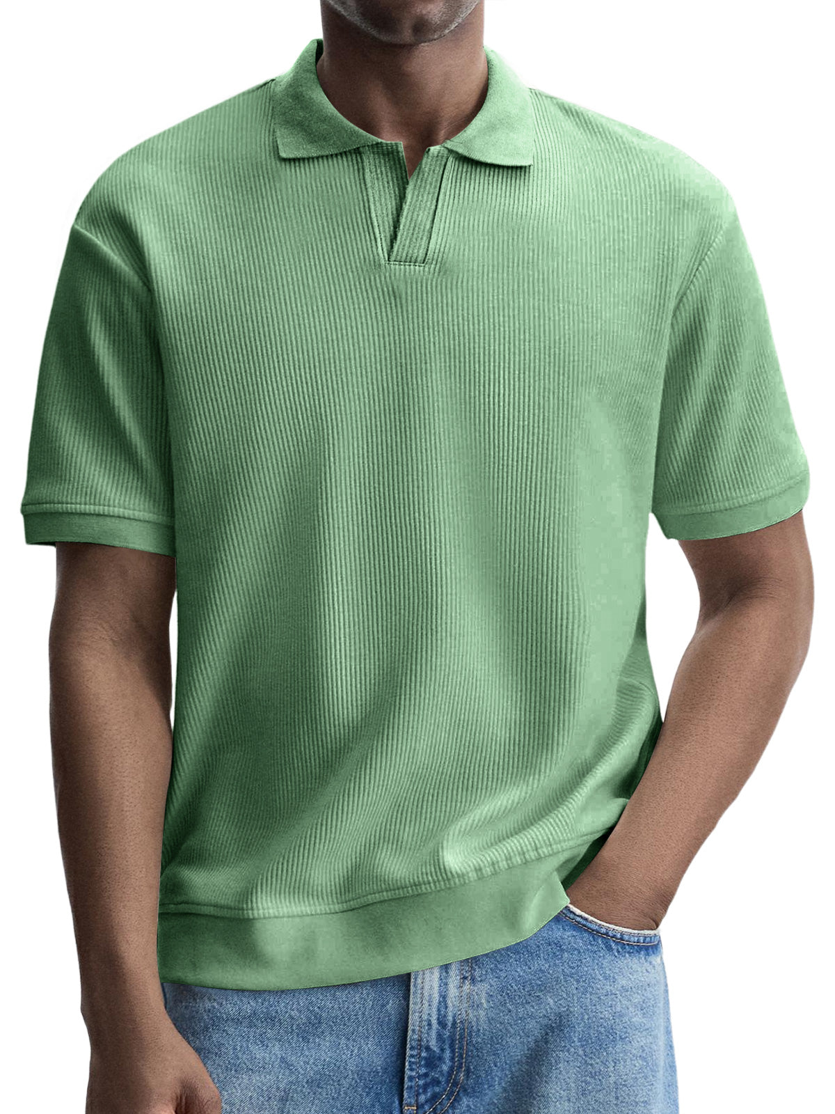 Men's Fashionable Casual Pitted V-neck Solid Color Short-sleeved Polo Shirt