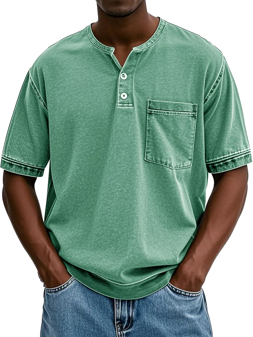 Men's Fashion Vintage Washed Pocket Short Sleeve Henley Shirt