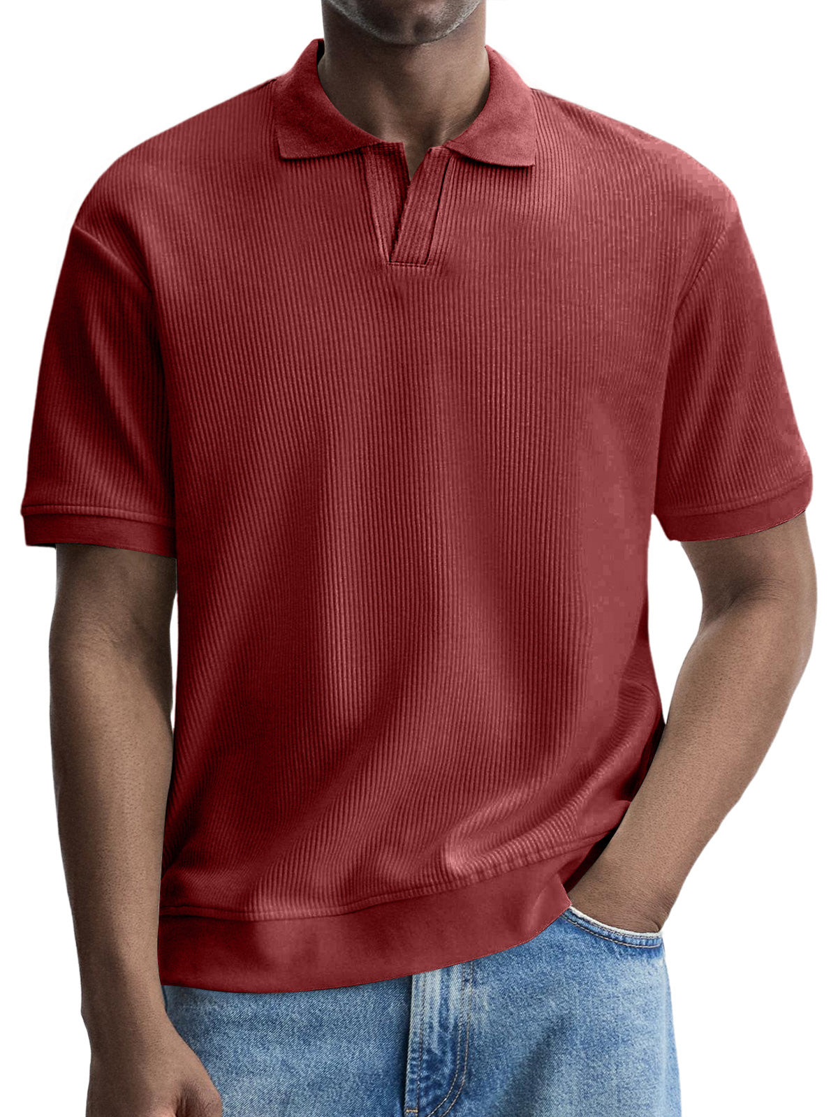 Men's Fashionable Casual Pitted V-neck Solid Color Short-sleeved Polo Shirt