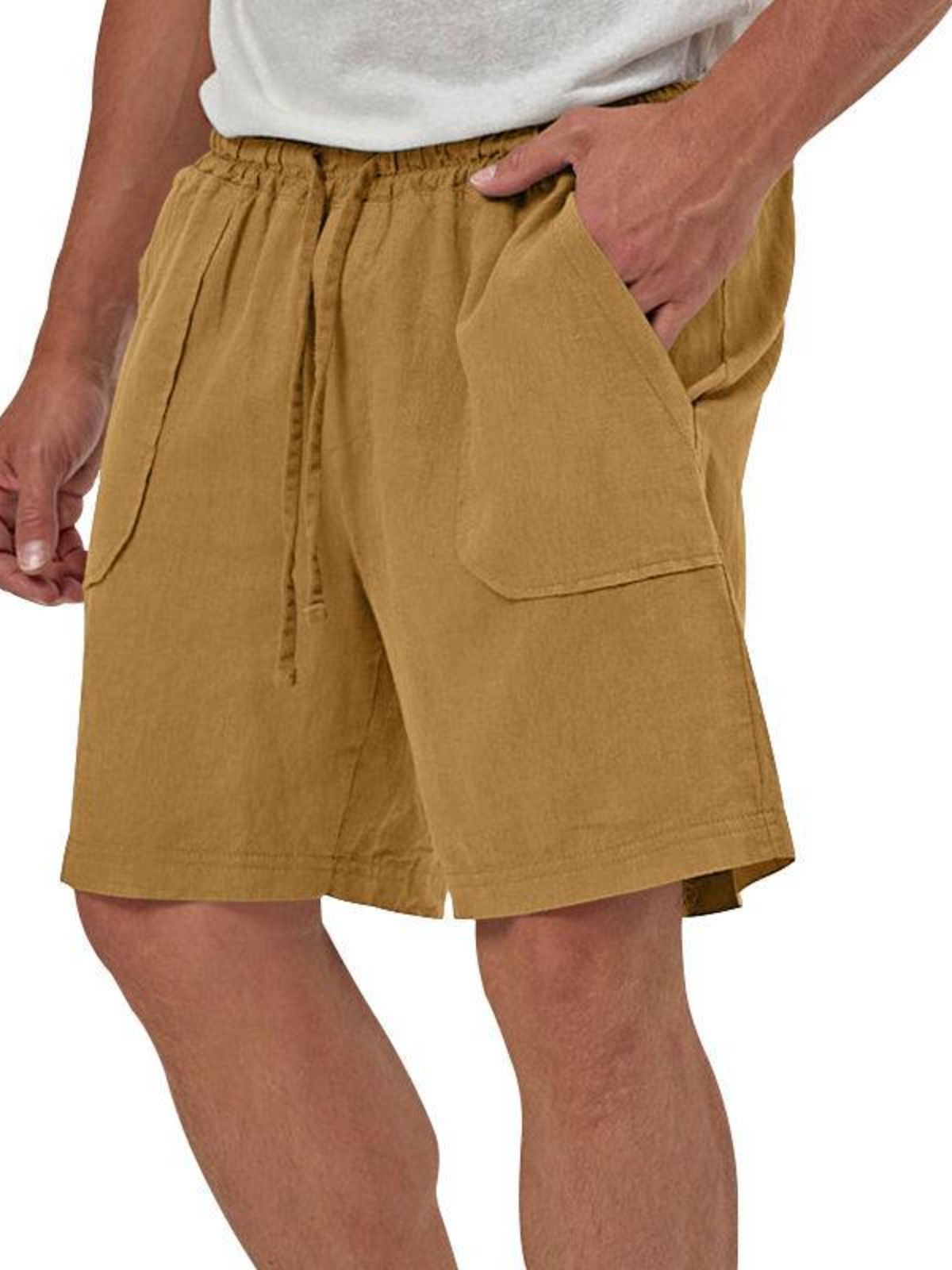 Men's Linen Casual Vacation Double Pocket Drawstring Elastic Waist Shorts Cropped Pants