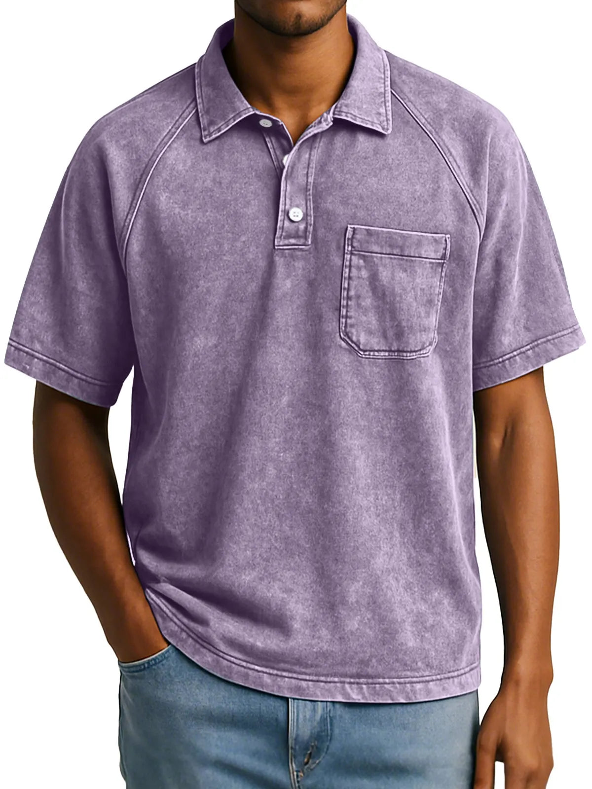 Men's Retro Casual Raglan Short Sleeve Lapel Button Up Polo Shirt