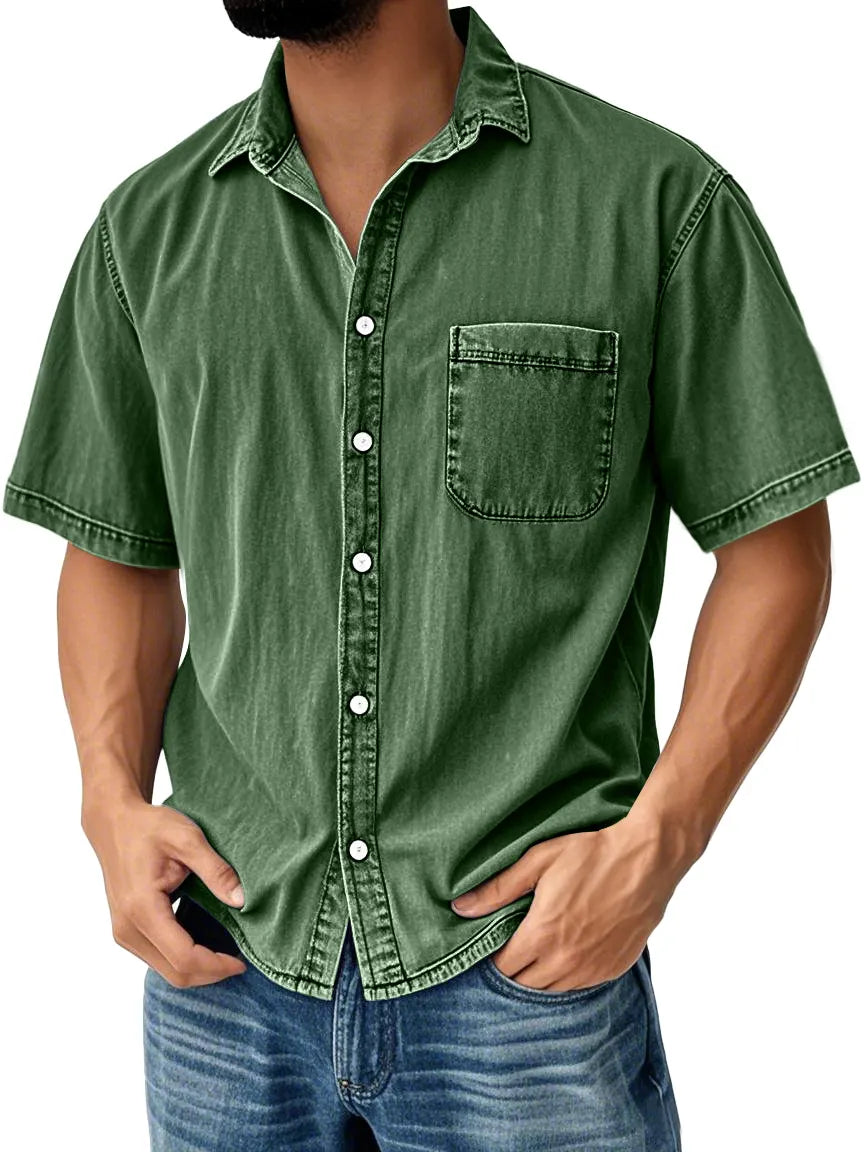 Men's Retro Casual Lapel Pocket Solid Color Short Sleeve Shirt