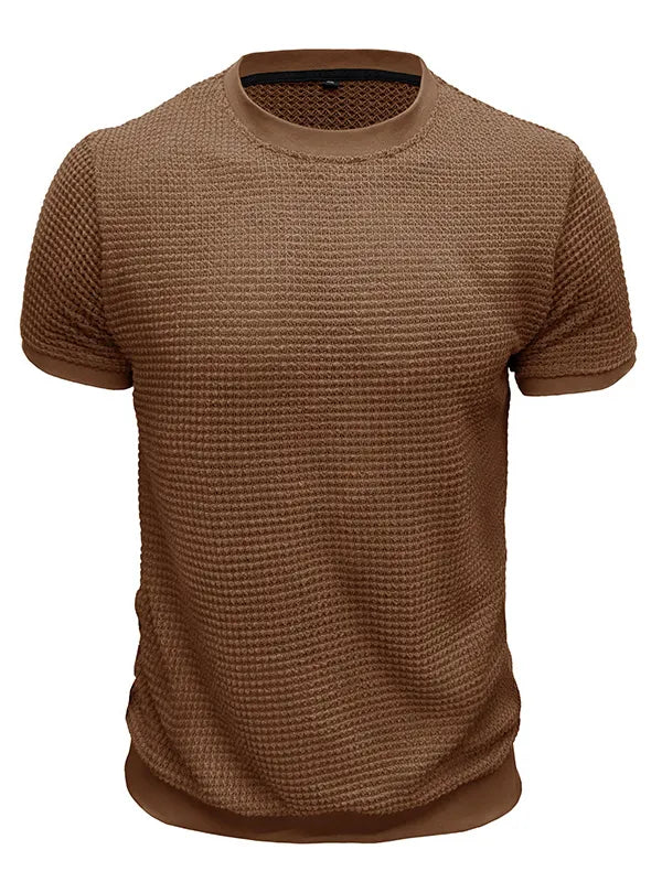 Men's Knitted Waffle Quality Casual Round Neck Short-sleeved T-shirt
