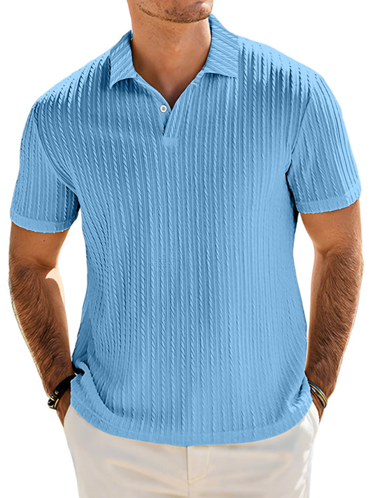 Men's Casual Solid Color Textured Lapel Button Short Sleeve Polo Shirt
