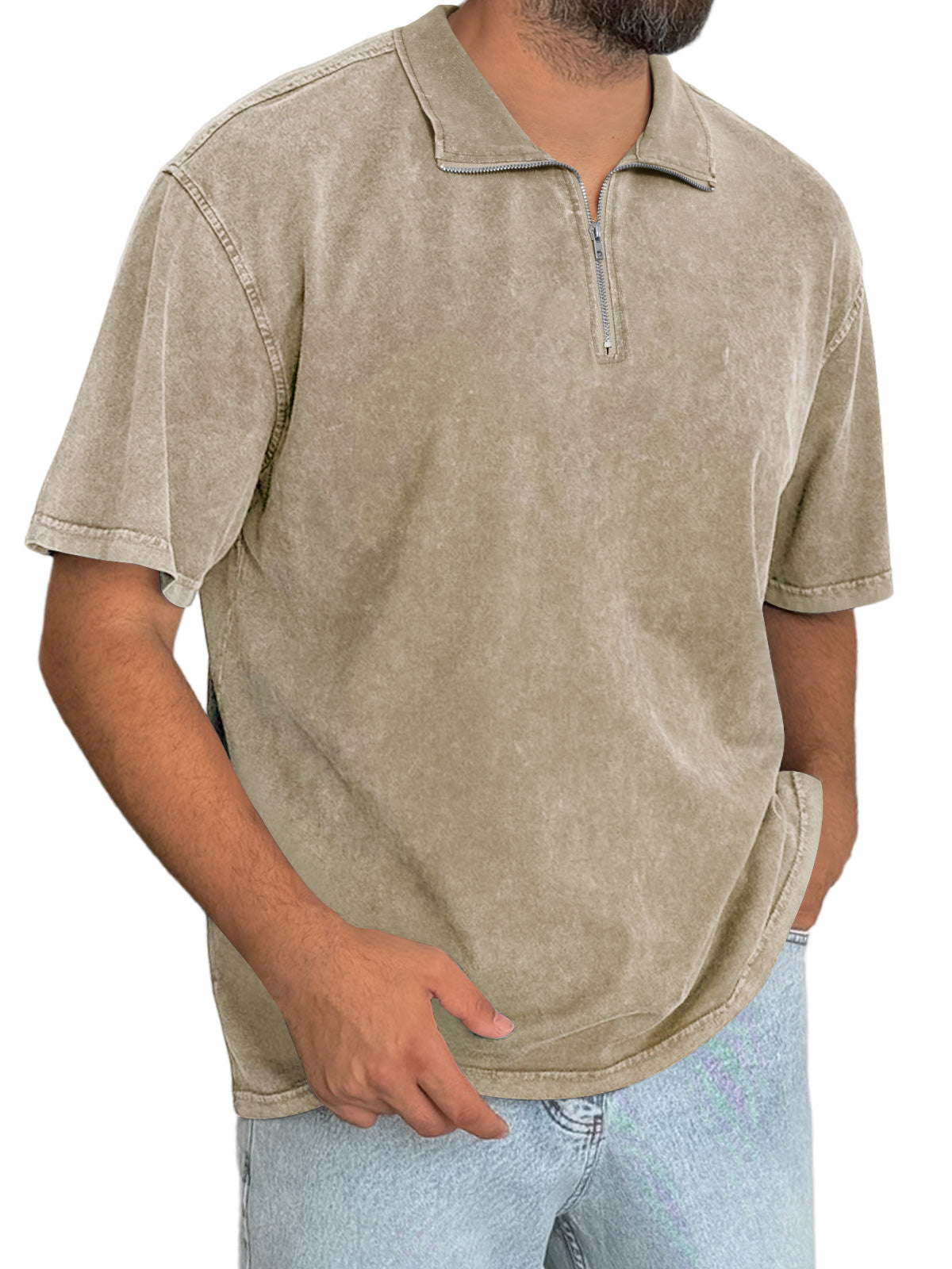 Men's Everyday Retro Stand Collar Zipper Casual Short Sleeve T-Shirt
