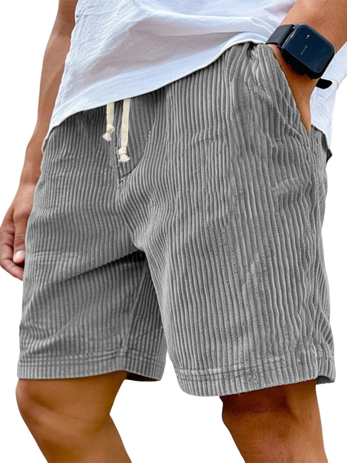 Men's Stylish Ribbed Vertical Striped Corduroy Loose Lace-up Casual Shorts