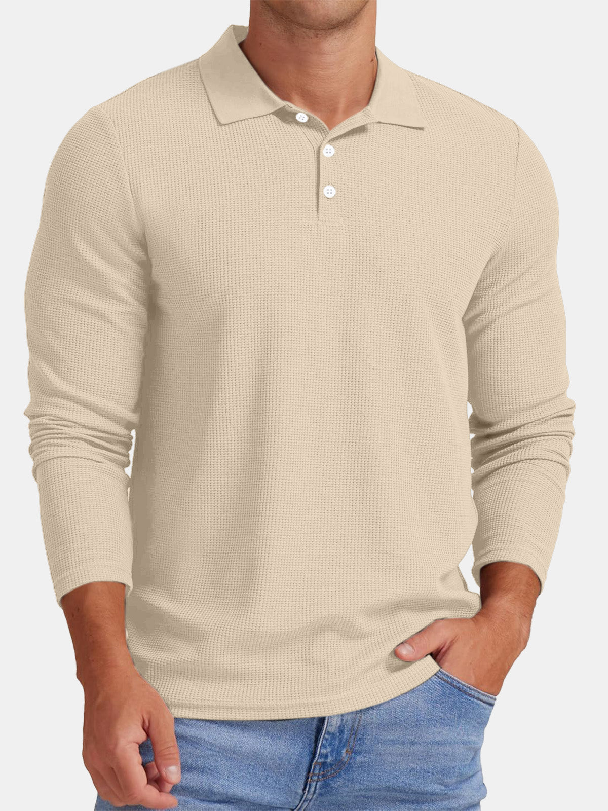 Men's Autumn Comfortable Solid Color Waffle Button Long Sleeve Polo Shirt