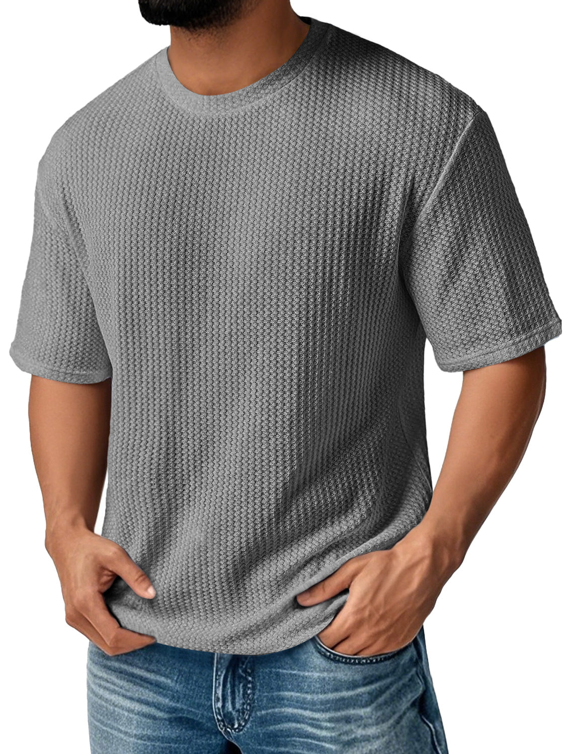 Men's Daily Round Neck Waffle Casual Solid Color Comfortable Short Sleeve T-shirt