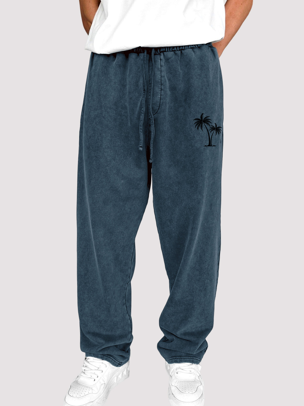 Men's Dyed Vintage Coconut Tree Printed Holiday Casual Elastic Waist Drawstring Trousers