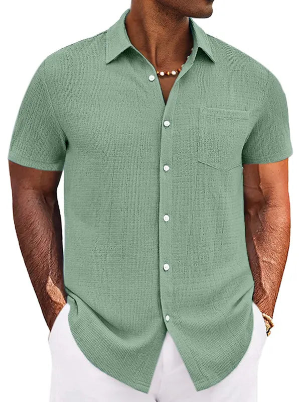 Men's Casual Simple Solid Color Texture Short-sleeved Button-down Shirt