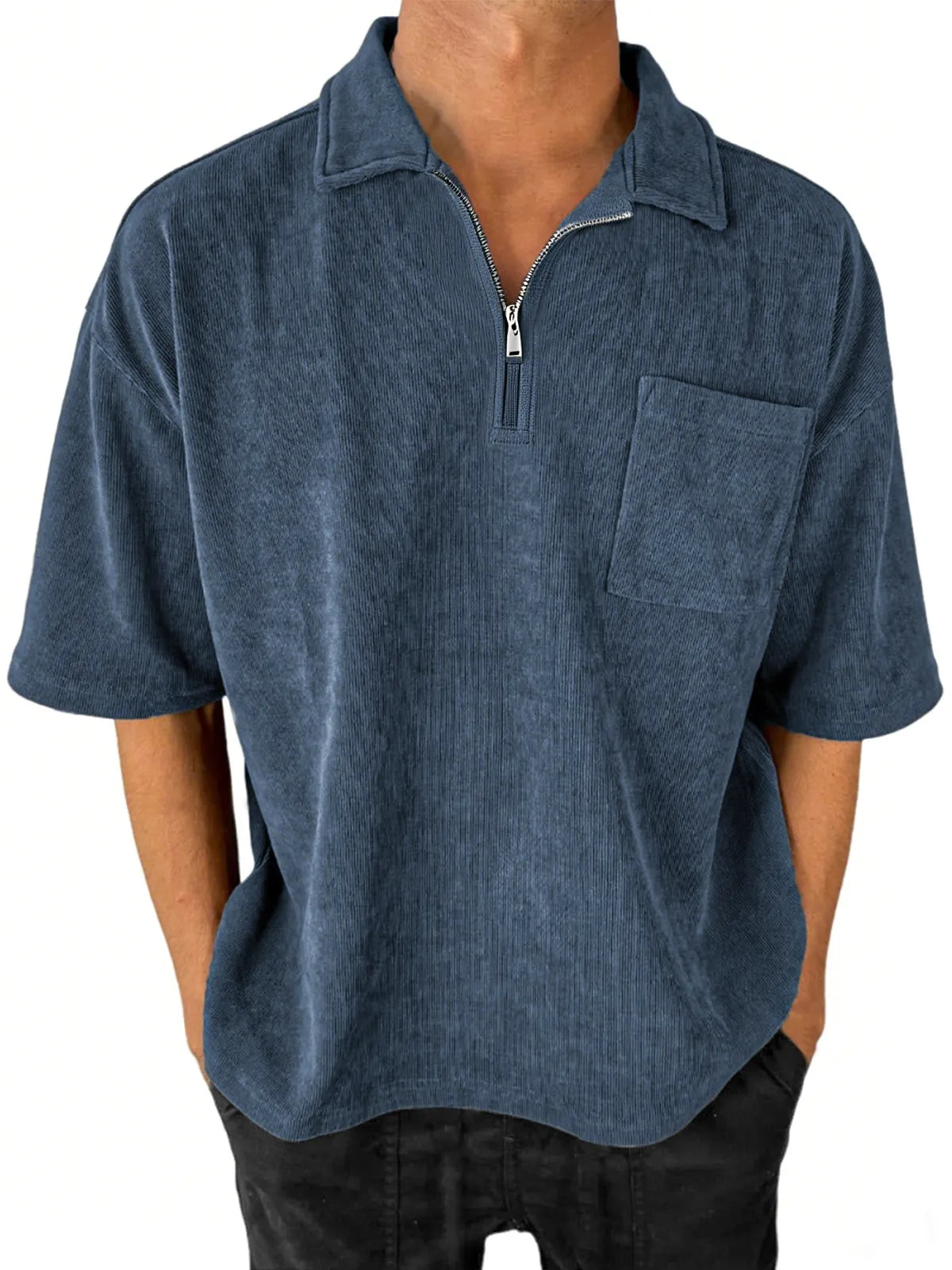 Men's Stylish Ribbed Quarter-Zip Lapel Corduroy Casual POLO Shirt With Chest Pocket