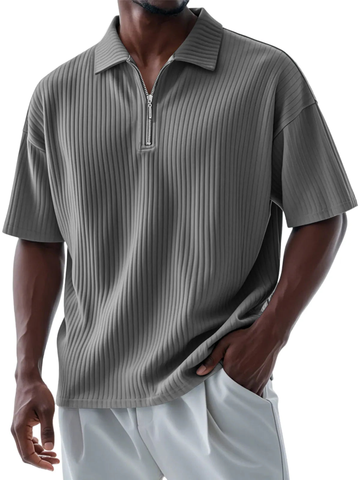 Men's Casual Daily Pitted Lapel Zipper Short-sleeved Polo Shirt