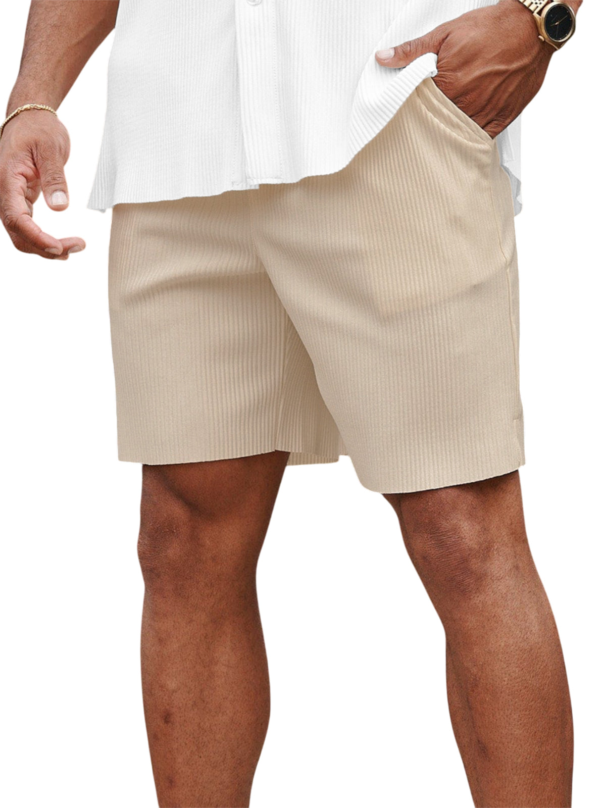 Men's Casual Pit Stripe Pleated Elastic Stretch Shorts with Side Pockets
