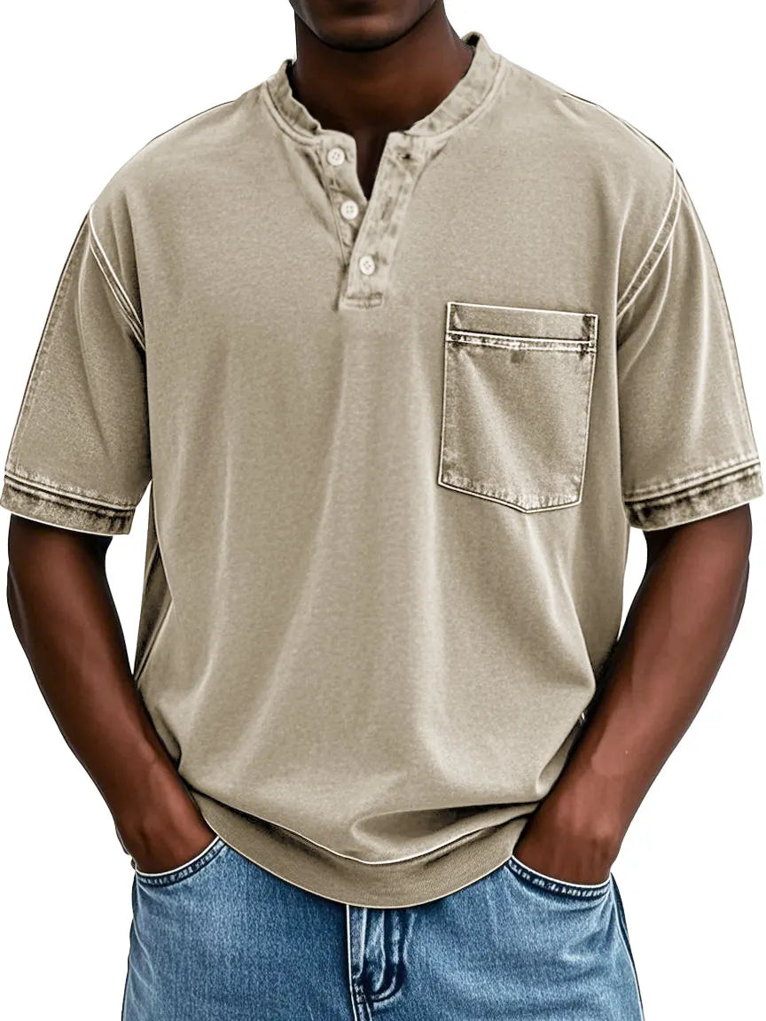 Men's Fashion Retro Round Neck Pocket Short Sleeve Henley Shirt