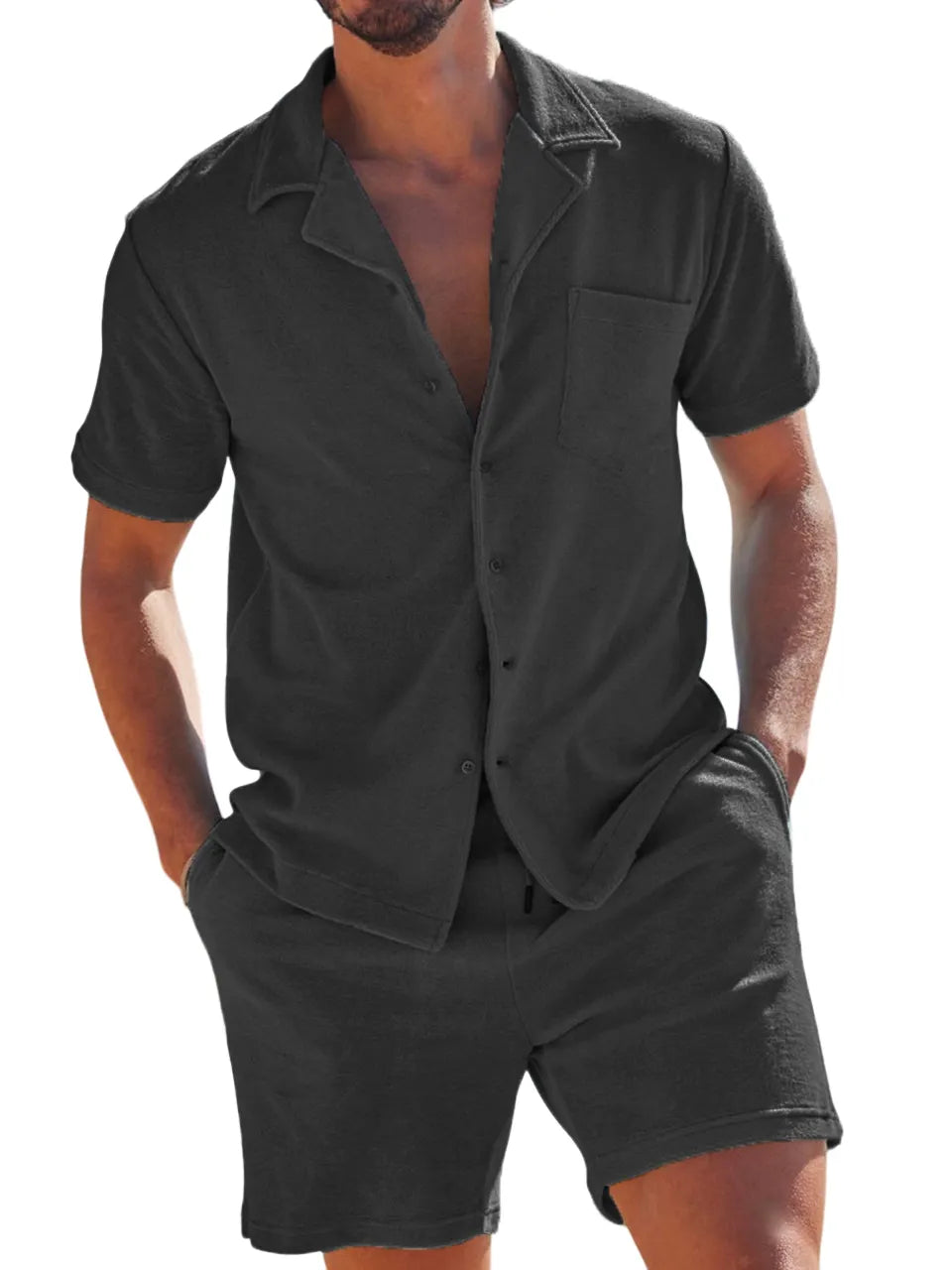 Men's Comfortable Terry Camp Collar Holiday Leisure Suit with Chest Pocket Short Sleeve Shirt Shorts Two-piece Set