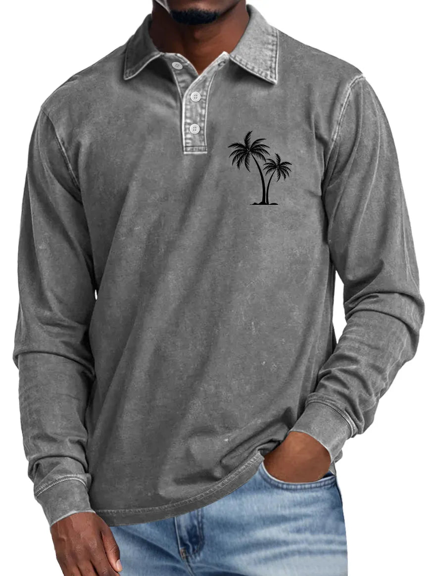 Men's Casual Lapel Buttoned Coconut Print Long Sleeve POLO Shirt