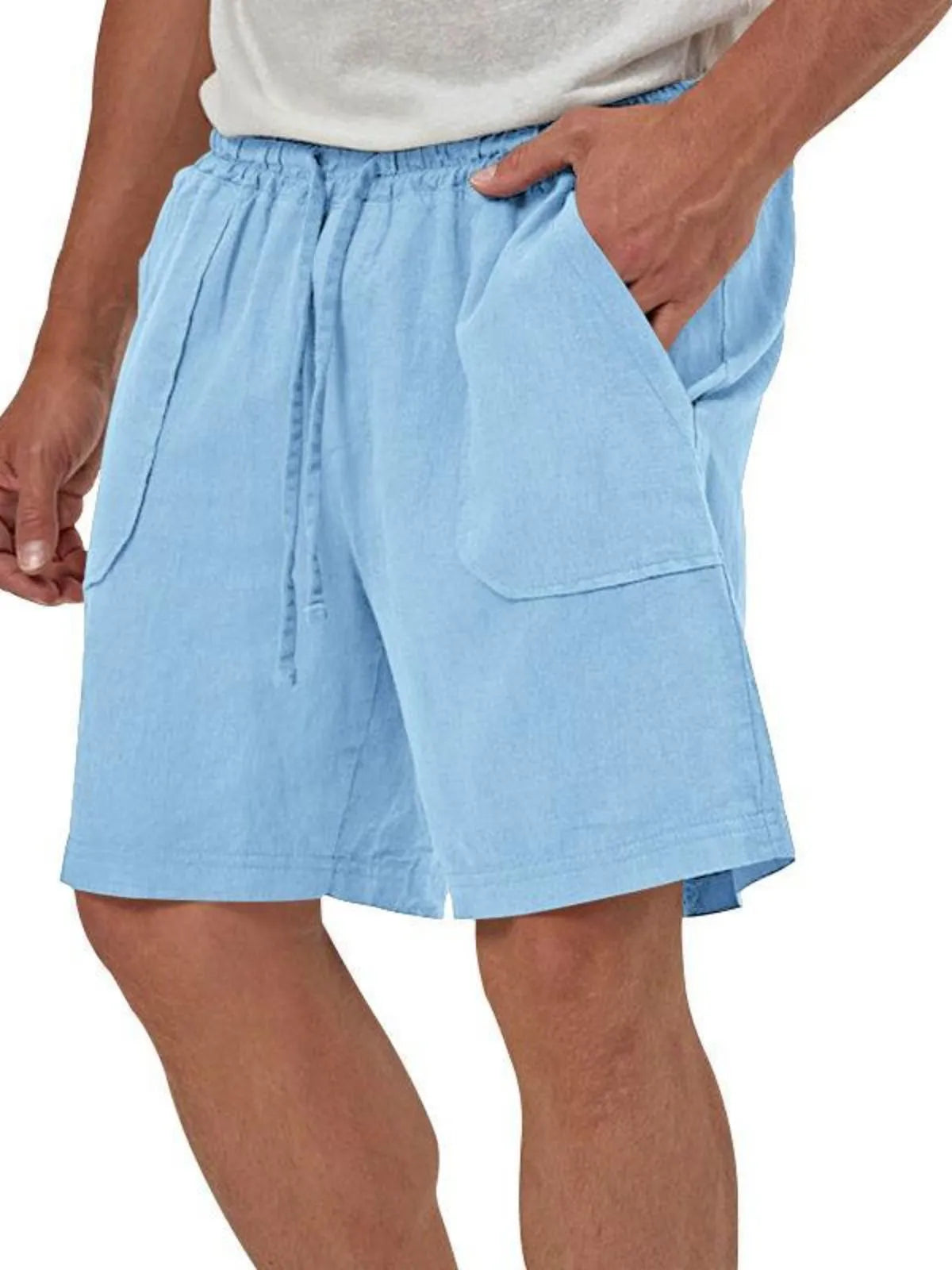 Men's Linen Casual Vacation Double Pocket Drawstring Elastic Waist Shorts Cropped Pants