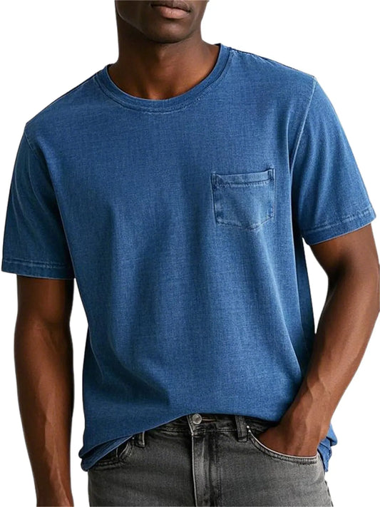 Men's 100% Cotton Washed And Distressed Retro Pocket Round Neck Short-sleeved T-shirt