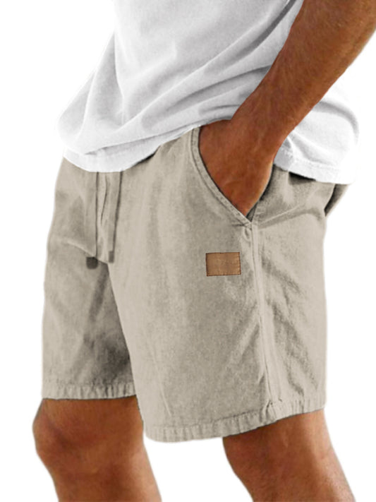 Men's Comfort Linen Embroidered Logo Holiday Casual Lace-Up Shorts with Side Pockets