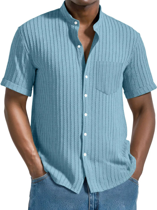 Men's Daily Jacquard Texture Stand Collar Button Casual Short Sleeve Shirt